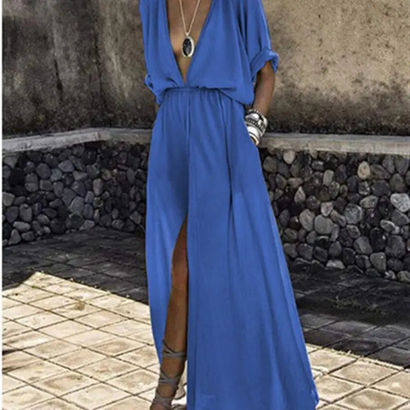Kimono Sleeve V-Neck Maxi Dress with Pockets