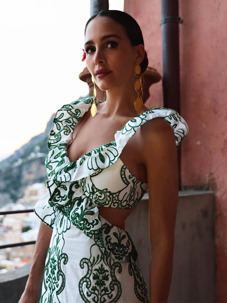 Floral V-Neck Ruffle Strap Cut-Out Midi Dress