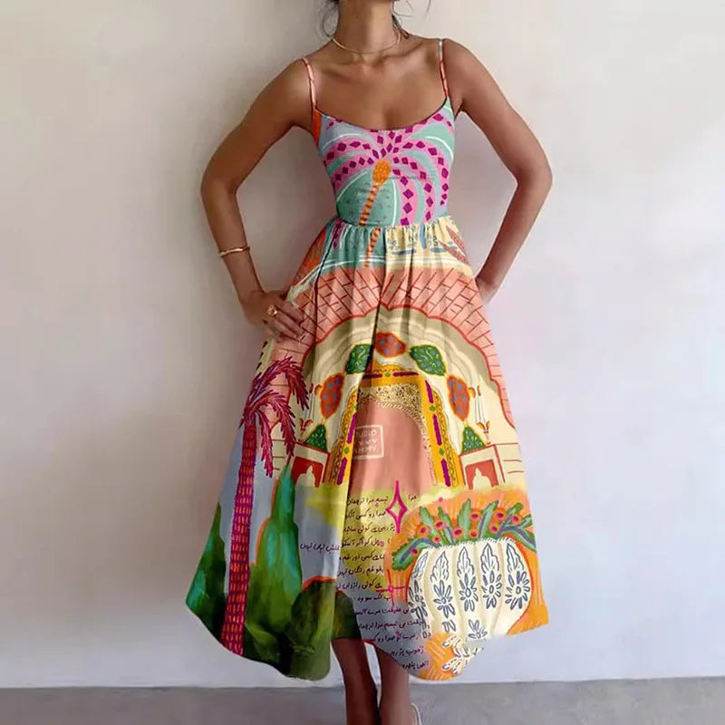 Graphic Print Spaghetti Strap Midi Dress