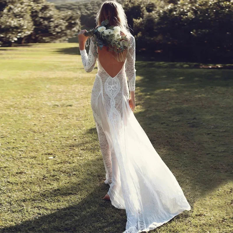 Lace Open Back Long Sleeve Maxi Dress