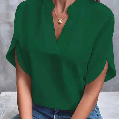 Women’s V-Neck Notch Collar Short Sleeve Loose Blouse