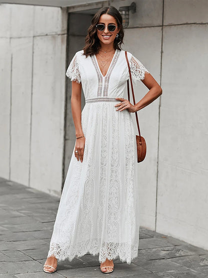 Lace V-Neck Flutter Sleeve Maxi Dress
