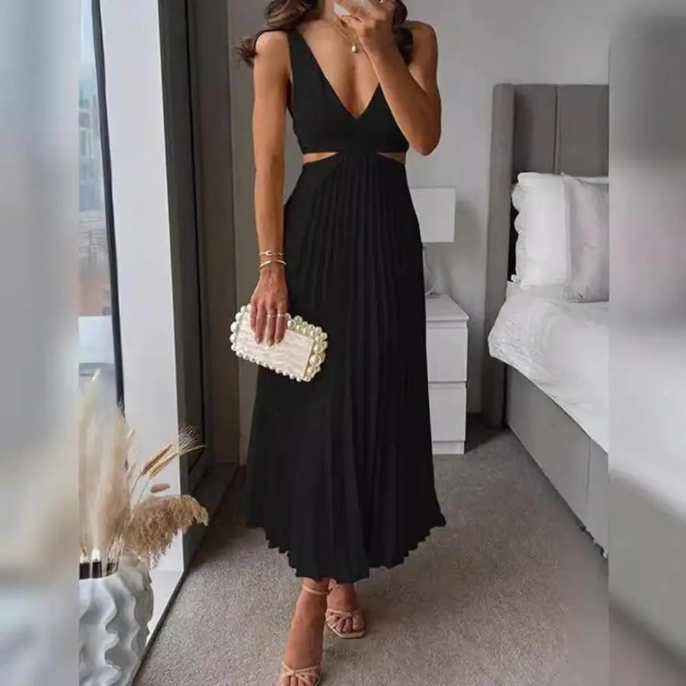 V-Neck Cut-Out Pleated Maxi Dress