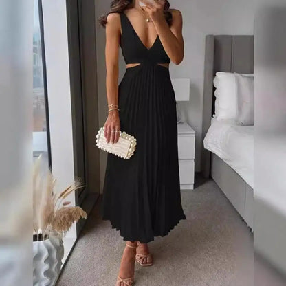 V-Neck Cut-Out Pleated Maxi Dress