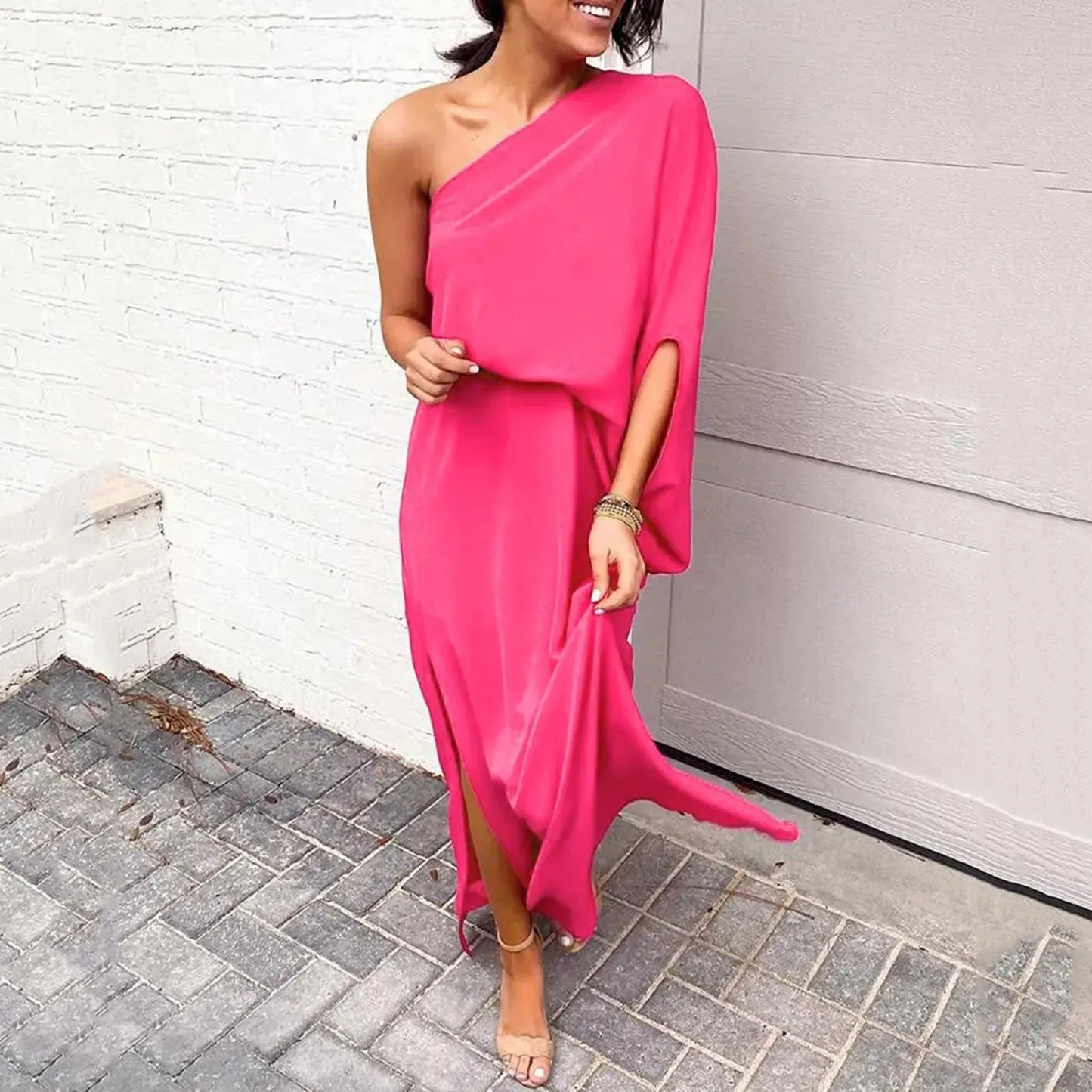 One-Shoulder Asymmetrical Slit Maxi Dress