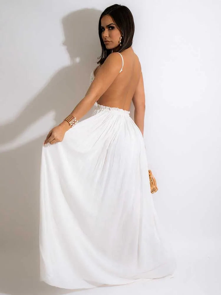 Boho Lace Open Back Maxi Dress with Flowing Skirt