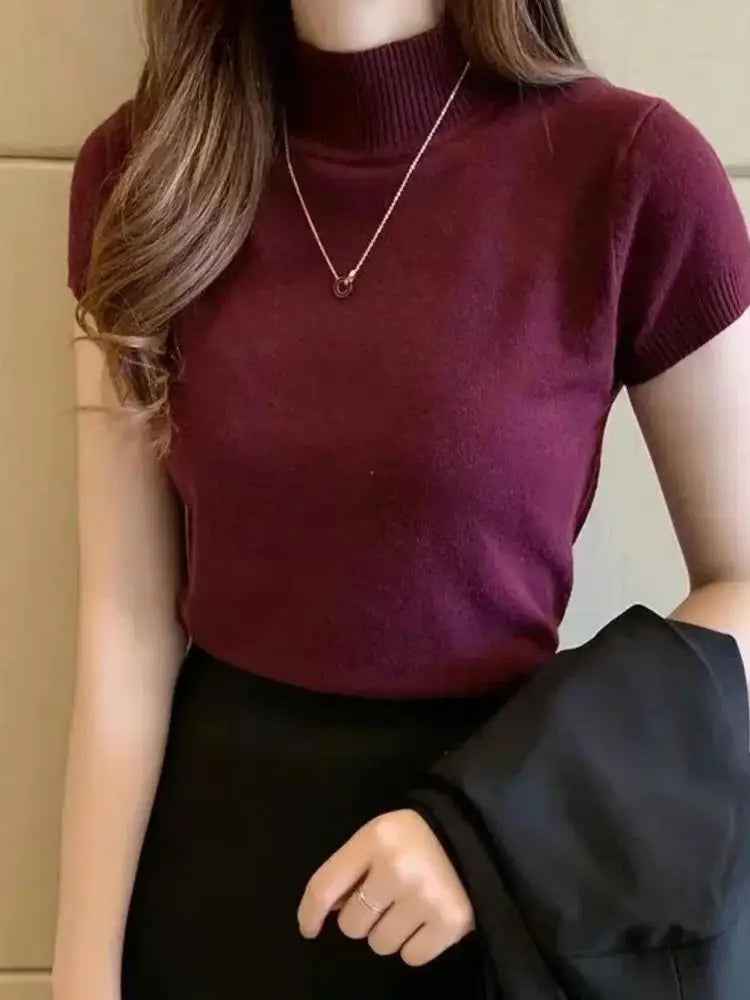 Women’s Mock Neck Short Sleeve Fitted Knit Top