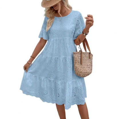 Elegant V-Neck Lace Detail Button Front Midi Dress