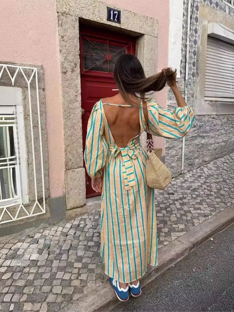 Vertical Stripe Cinched Waist Midi Dress