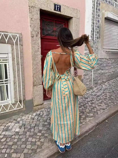 Vertical Stripe Cinched Waist Midi Dress