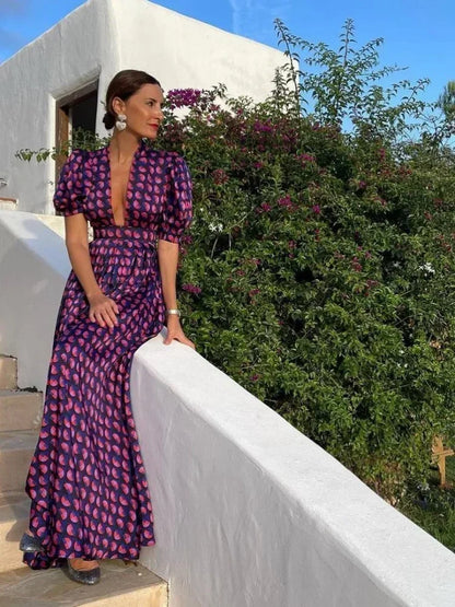 Printed Puff Sleeve V-Neck Midi Dress