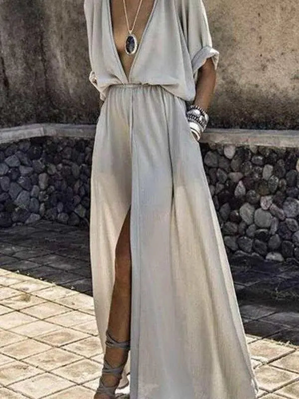 Kimono Sleeve V-Neck Maxi Dress with Pockets