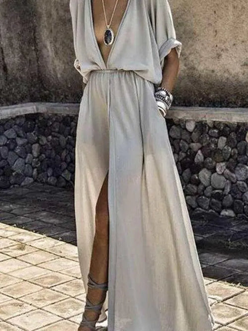 Kimono Sleeve V-Neck Maxi Dress with Pockets