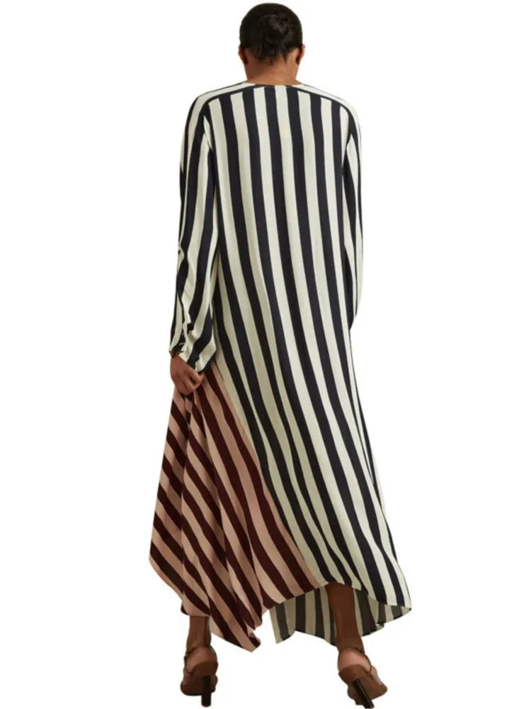 Striped Patchwork Deep V Long Sleeve Maxi Dress