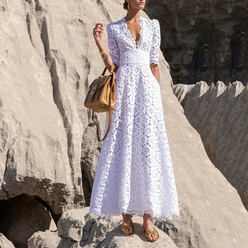 Eyelet V-Neck Short Sleeve Midi Dress