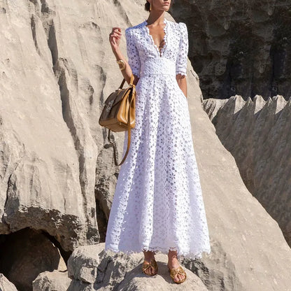 Eyelet V-Neck Short Sleeve Midi Dress