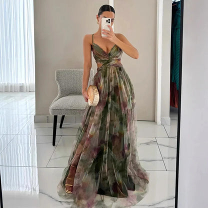 Floral Tulle Cut-Out Waist Lace-Up Back Maxi Dress
