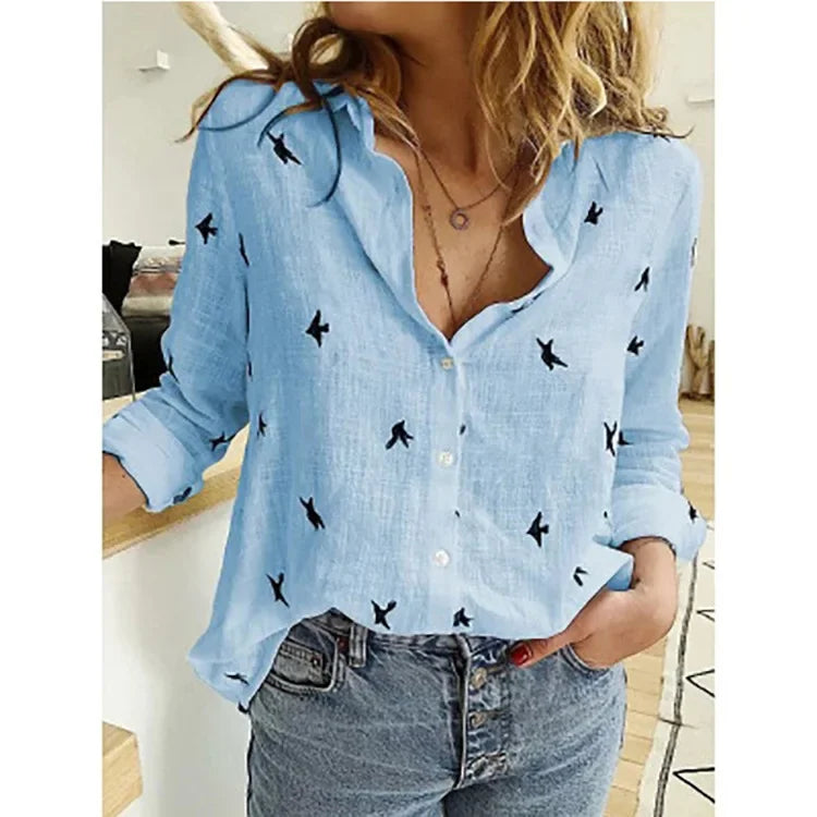 Women’s Vintage Cotton Linen Floral Print Long Sleeve Casual Blouse