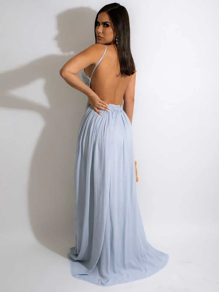 Boho Lace Open Back Maxi Dress with Flowing Skirt