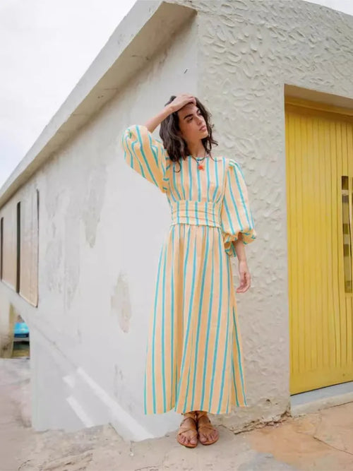 Vertical Stripe Cinched Waist Midi Dress