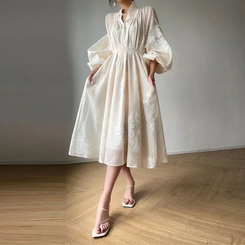 Apricot Embroidered Lantern Sleeve Maxi Dress