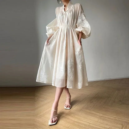 Apricot Embroidered Lantern Sleeve Maxi Dress
