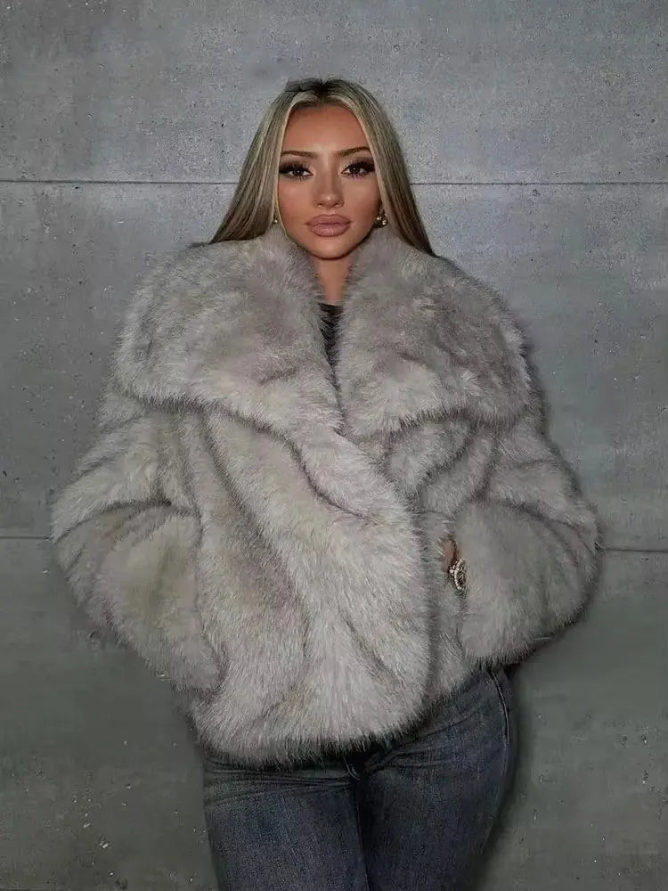 Women’s Faux Fur Oversized Winter Jacket with Turn-Down Collar