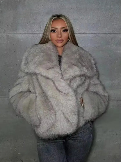 Women’s Faux Fur Oversized Winter Jacket with Turn-Down Collar