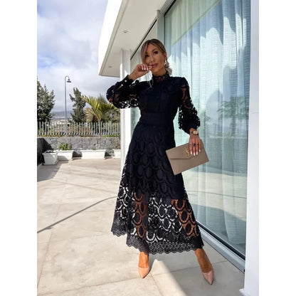 High Neck Lace Hollow Long Sleeve Elegant Midi Dress