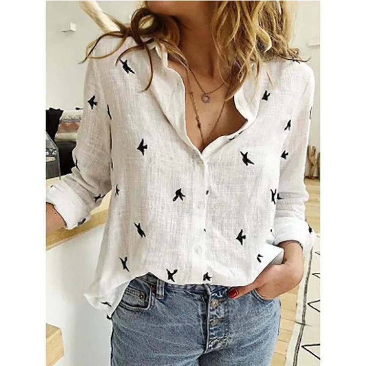 Women’s Vintage Cotton Linen Floral Print Long Sleeve Casual Blouse