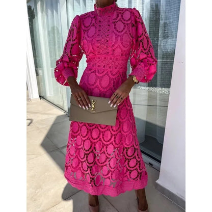 High Neck Lace Hollow Long Sleeve Elegant Midi Dress