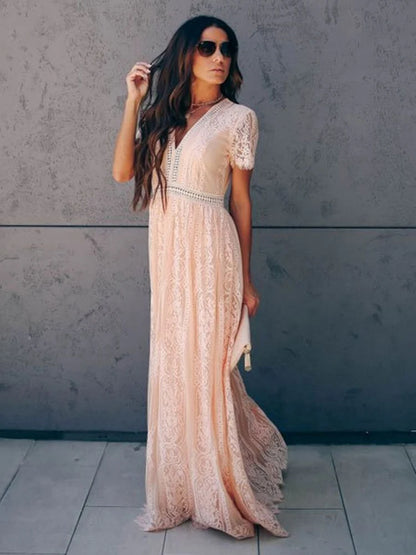 Lace V-Neck Flutter Sleeve Maxi Dress