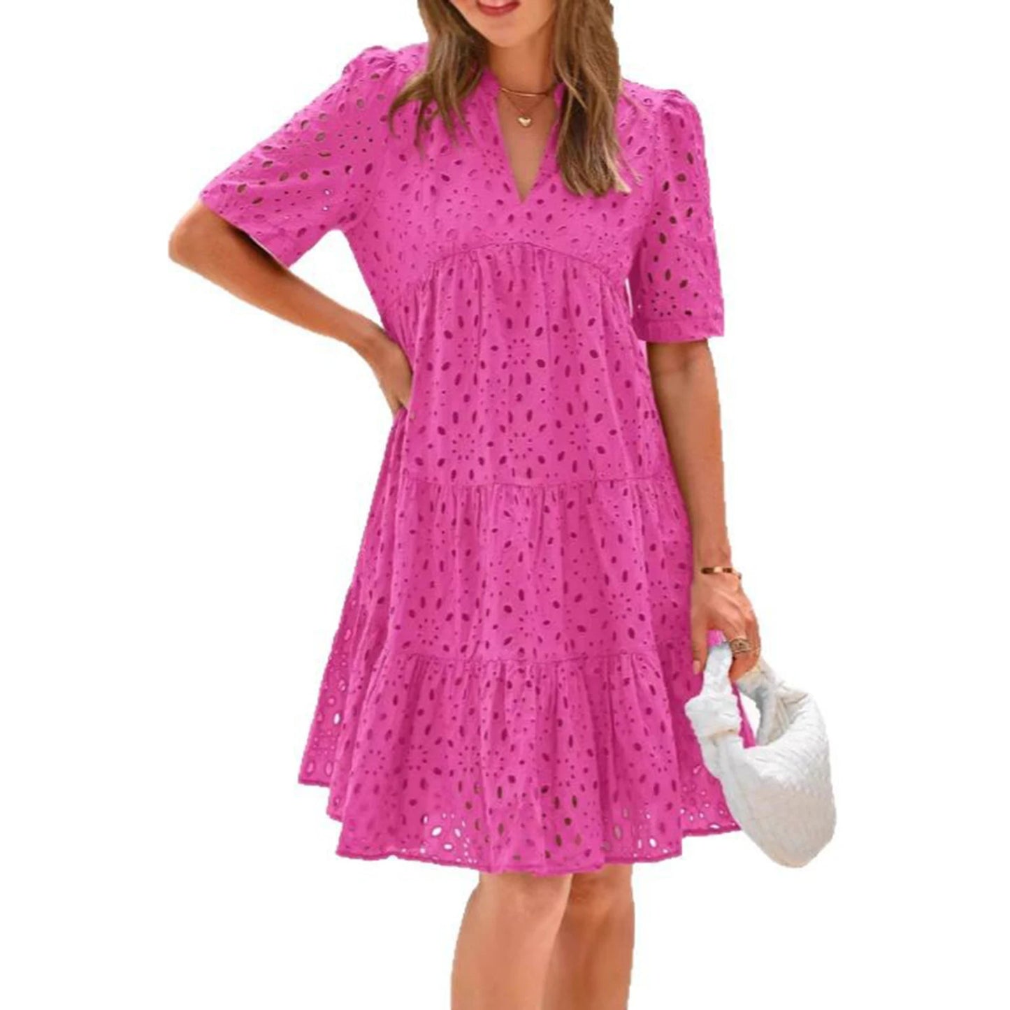 Elegant V-Neck Lace Detail Button Front Midi Dress