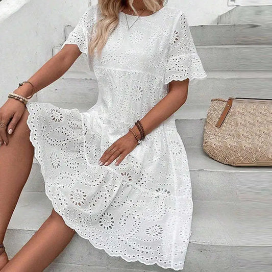 Elegant V-Neck Lace Detail Button Front Midi Dress
