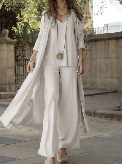 Women’s 3-Piece Wide Leg Pants Set with Long Cardigan