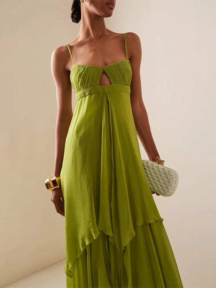 Solid Pleated Cut-Out Maxi Dress