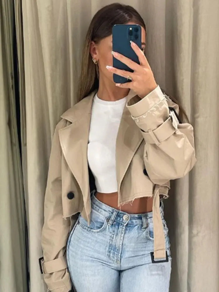 Women’s Cropped Trench Coat Double Breasted Belted Jacket