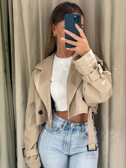 Women’s Cropped Trench Coat Double Breasted Belted Jacket