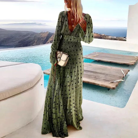 Polka Dot Shimmer V-Neck Maxi Dress