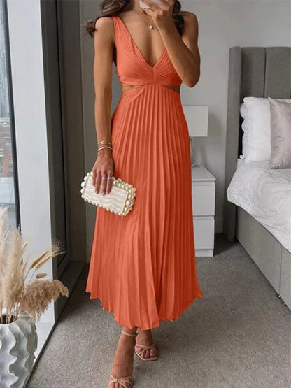 V-Neck Cut-Out Pleated Maxi Dress