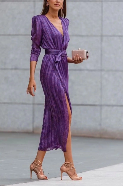 Striped V Neck Belted Midi Dress