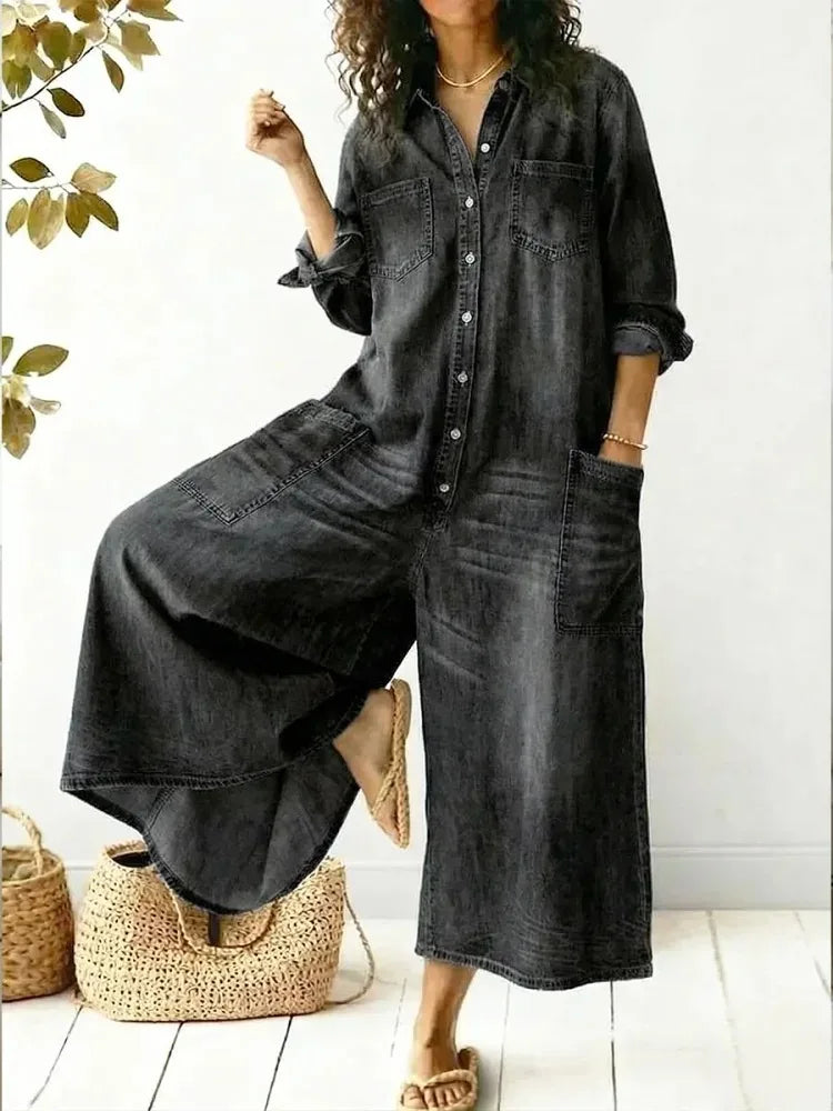 Women's Cozy and Casual Denim Jumpsuit Featuring Large Front Pockets
