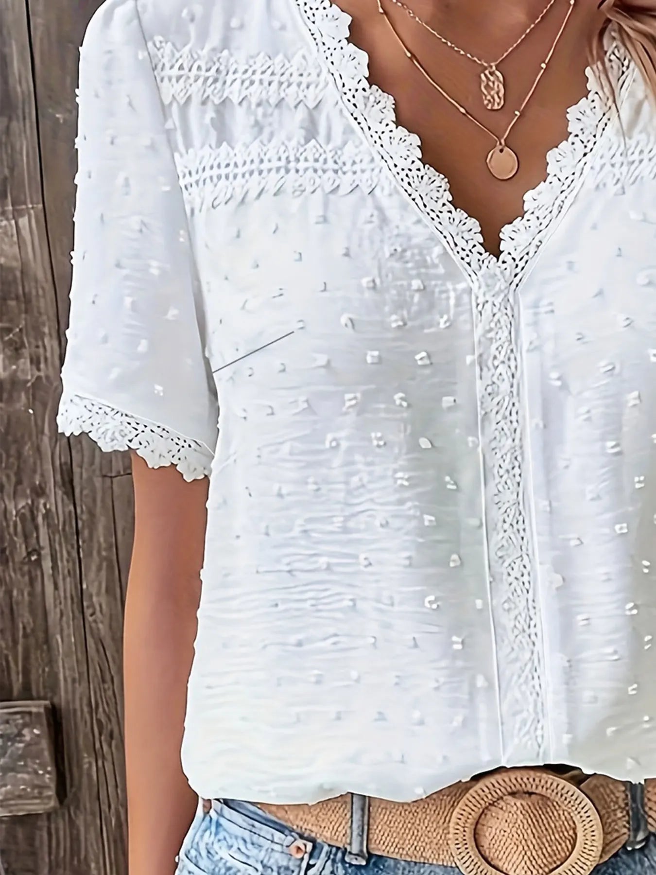 Plus Size Lace Trim V-Neck Short Sleeve Blouse for Women