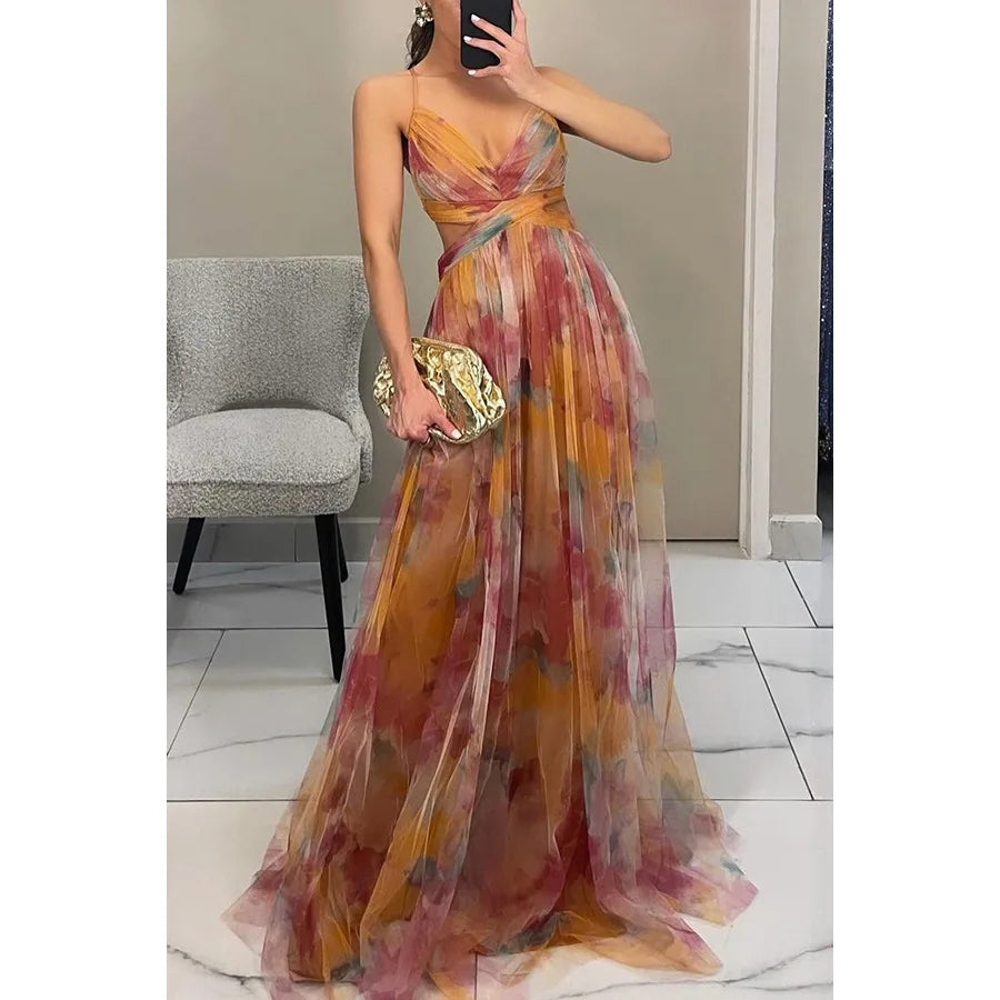 Floral Tulle Cut-Out Waist Lace-Up Back Maxi Dress
