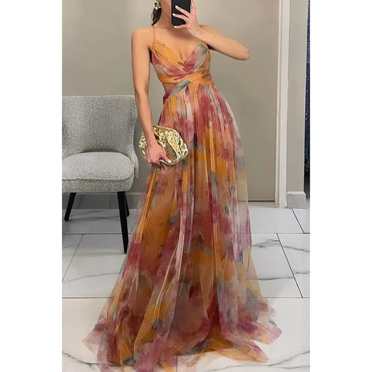 Floral Tulle Cut-Out Waist Lace-Up Back Maxi Dress