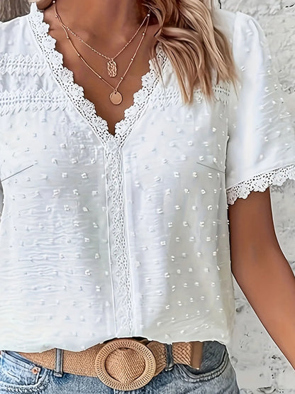 Plus Size Lace Trim V-Neck Short Sleeve Blouse for Women