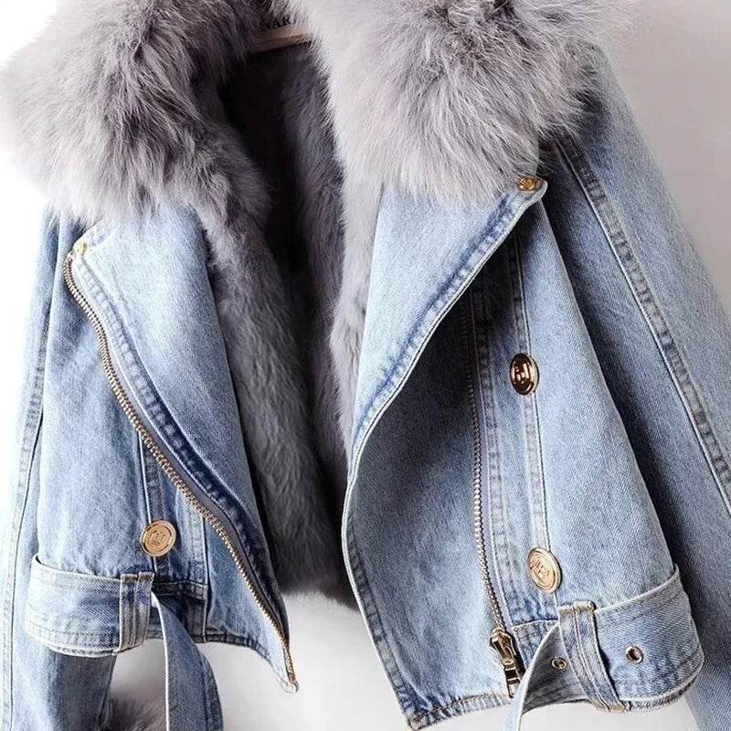 Women’s Cropped Denim Jacket with Faux Fur Collar and Cuffs