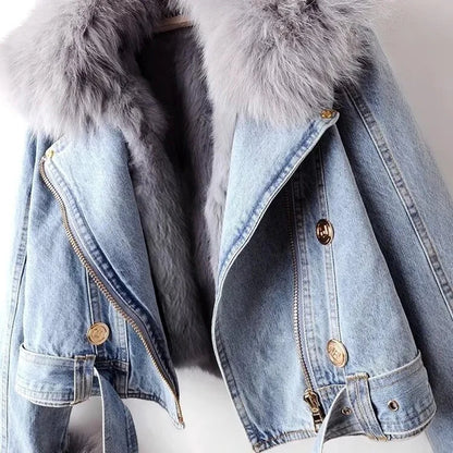 Women’s Cropped Denim Jacket with Faux Fur Collar and Cuffs