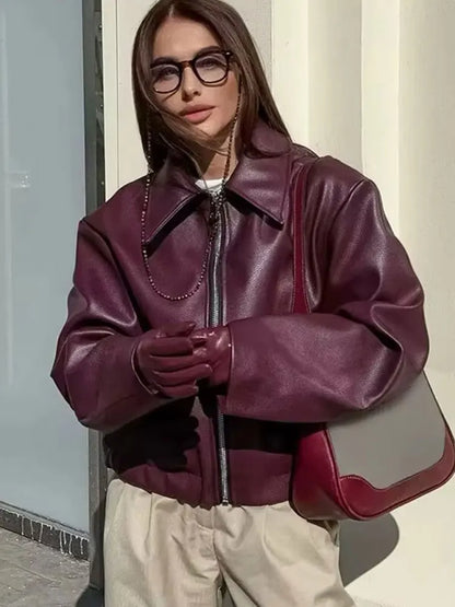 Women’s Cropped Faux Leather Jacket with Zipper and Lapel Collar