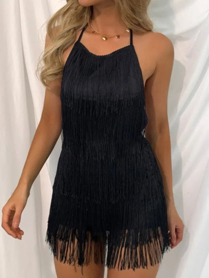 Square Neck Fringe Spaghetti Strap Midi Dress